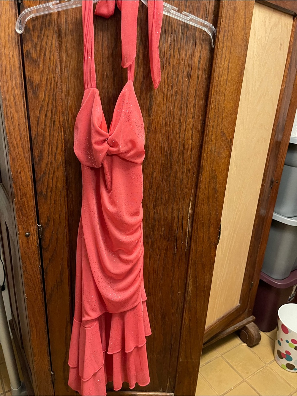 Strapless Coral Ruched Evening Dress with Sparkle - Picture 2 of 4